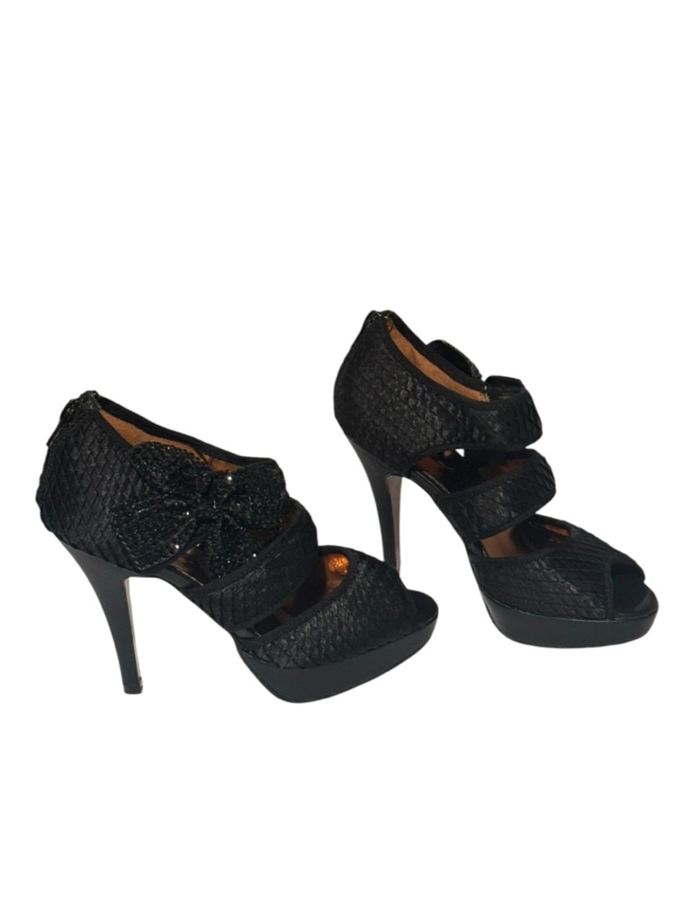 POETIC LICENSE Mistletoe Kisses Black Open Toe Rhinestone Bow 4” Heels Size 6 - Picture 6 of 13